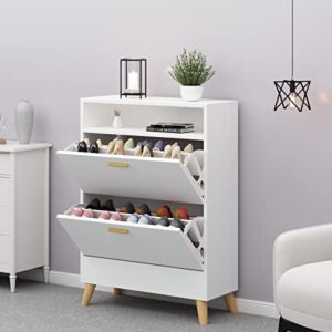 Gyfimoie Shoe Storage Cabinets, Free Standing Shoe Organizer with 2 Flip Drawers for Entryway, Narrow 3 Tier Entryway Hidden Shoe Rack with Doors (Off White)