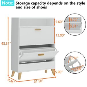 Gyfimoie Shoe Storage Cabinets, Free Standing Shoe Organizer with 2 Flip Drawers for Entryway, Narrow 3 Tier Entryway Hidden Shoe Rack with Doors (Off White)