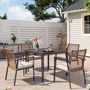 lausaint home 5 pieces outdoor patio dining set, wicker patio furniture set of 4 chairs with soft cushion and square table with umbrella hole, conversation set for backyard, garden and poolside