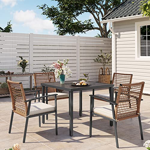 LAUSAINT HOME 5 Pieces Outdoor Patio Dining Set, Wicker Patio Furniture Set of 4 Chairs with Soft Cushion and Square Table with Umbrella Hole, Conversation Set for Backyard, Garden and Poolside