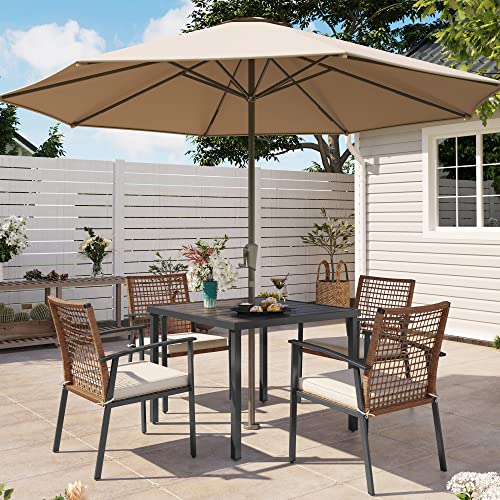 LAUSAINT HOME 5 Pieces Outdoor Patio Dining Set, Wicker Patio Furniture Set of 4 Chairs with Soft Cushion and Square Table with Umbrella Hole, Conversation Set for Backyard, Garden and Poolside