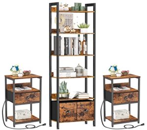 furologee nightstand set of 2 with charging station, end table with usb ports&power outlets, 6-tier bookshelf, tall rustic bookcase with 2 drawers storage organizer