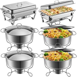 famistar 6 packs buffet chafer set - stainless steel 4 round chafing dish + 2 rectangular chafers foldable frame full size with 2 half size pan - buffet catering dinner serving buffer warmer set