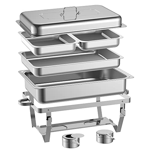 Famistar 6 Packs Buffet Chafer Set - Stainless Steel 4 Round Chafing Dish + 2 Rectangular Chafers Foldable Frame Full Size with 2 Half Size Pan - Buffet Catering Dinner Serving Buffer Warmer Set