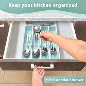 Joequality Silverware Organizer with Icons，Plastic Cutlery silverware Tray for Drawer，Utensil Flatware Tableware Organizer for Kitchen with Non-slip TPR,Fits Standard Drawer,5-Compartment，Mint