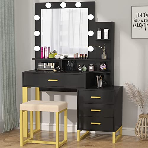 Hsozptry Vanity Set with Lighted Mirror, Makeup Vanity Table Set with LED Light, Drawers, Storage Shelves and Cushioned Stool, Small Vanity Desk for Bedroom (Black)