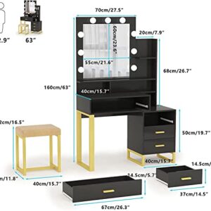 Hsozptry Vanity Set with Lighted Mirror, Makeup Vanity Table Set with LED Light, Drawers, Storage Shelves and Cushioned Stool, Small Vanity Desk for Bedroom (Black)