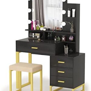 Hsozptry Vanity Set with Lighted Mirror, Makeup Vanity Table Set with LED Light, Drawers, Storage Shelves and Cushioned Stool, Small Vanity Desk for Bedroom (Black)