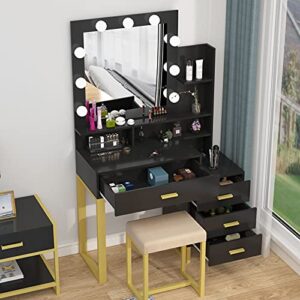 Hsozptry Vanity Set with Lighted Mirror, Makeup Vanity Table Set with LED Light, Drawers, Storage Shelves and Cushioned Stool, Small Vanity Desk for Bedroom (Black)