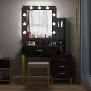 Hsozptry Vanity Set with Lighted Mirror, Makeup Vanity Table Set with LED Light, Drawers, Storage Shelves and Cushioned Stool, Small Vanity Desk for Bedroom (Black)