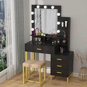 Hsozptry Vanity Set with Lighted Mirror, Makeup Vanity Table Set with LED Light, Drawers, Storage Shelves and Cushioned Stool, Small Vanity Desk for Bedroom (Black)