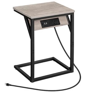 hoobro c shaped end table with charging station, narrow sofa couch side table for small space, industrial bedside table with metal frame for living room, bedroom, dorm, greige and black bg06usf01