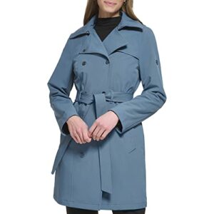 Calvin Klein Women's Double Breasted Belted Rain Jacket with Removable Hood, Oasis Teal, M