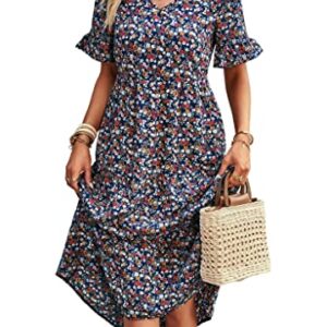 Vaiaye Women Short Sleeve Floral Boho Dress Summer Sundress Casual Wrap V Neck A-Line Bohemian Maxi Dresses Royal Blue