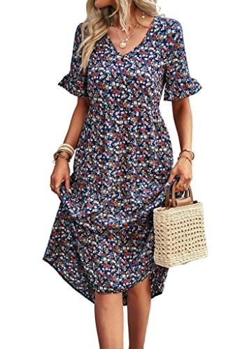 Vaiaye Women Short Sleeve Floral Boho Dress Summer Sundress Casual Wrap V Neck A-Line Bohemian Maxi Dresses Royal Blue