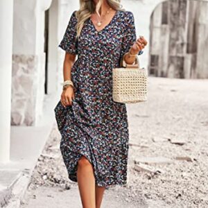 Vaiaye Women Short Sleeve Floral Boho Dress Summer Sundress Casual Wrap V Neck A-Line Bohemian Maxi Dresses Royal Blue