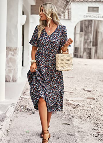 Vaiaye Women Short Sleeve Floral Boho Dress Summer Sundress Casual Wrap V Neck A-Line Bohemian Maxi Dresses Royal Blue