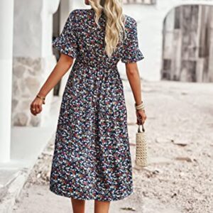 Vaiaye Women Short Sleeve Floral Boho Dress Summer Sundress Casual Wrap V Neck A-Line Bohemian Maxi Dresses Royal Blue