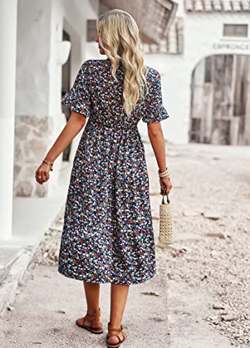 Vaiaye Women Short Sleeve Floral Boho Dress Summer Sundress Casual Wrap V Neck A-Line Bohemian Maxi Dresses Royal Blue