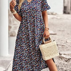 Vaiaye Women Short Sleeve Floral Boho Dress Summer Sundress Casual Wrap V Neck A-Line Bohemian Maxi Dresses Royal Blue