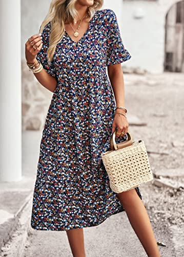 Vaiaye Women Short Sleeve Floral Boho Dress Summer Sundress Casual Wrap V Neck A-Line Bohemian Maxi Dresses Royal Blue