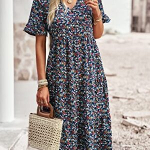 Vaiaye Women Short Sleeve Floral Boho Dress Summer Sundress Casual Wrap V Neck A-Line Bohemian Maxi Dresses Royal Blue