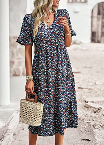 Vaiaye Women Short Sleeve Floral Boho Dress Summer Sundress Casual Wrap V Neck A-Line Bohemian Maxi Dresses Royal Blue