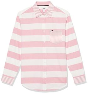 tommy hilfiger women's casual collared button up striped shirt, bright white/confetti