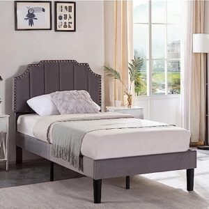 vecelo twin size bed frame upholstered platform with tufted adjustable headboard/mattress foundation with wood slat support, easy assembly,dark grey