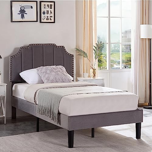 VECELO Twin Size Bed Frame Upholstered Platform with Tufted Adjustable Headboard/Mattress Foundation with Wood Slat Support, Easy Assembly,Dark Grey