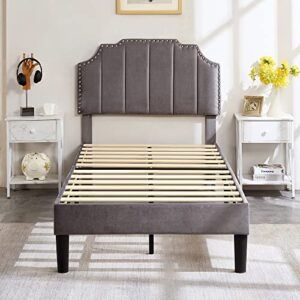 VECELO Twin Size Bed Frame Upholstered Platform with Tufted Adjustable Headboard/Mattress Foundation with Wood Slat Support, Easy Assembly,Dark Grey