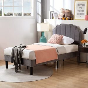 VECELO Twin Size Bed Frame Upholstered Platform with Tufted Adjustable Headboard/Mattress Foundation with Wood Slat Support, Easy Assembly,Dark Grey