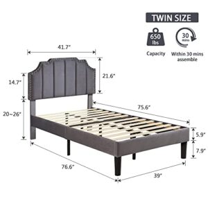 VECELO Twin Size Bed Frame Upholstered Platform with Tufted Adjustable Headboard/Mattress Foundation with Wood Slat Support, Easy Assembly,Dark Grey