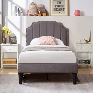 VECELO Twin Size Bed Frame Upholstered Platform with Tufted Adjustable Headboard/Mattress Foundation with Wood Slat Support, Easy Assembly,Dark Grey