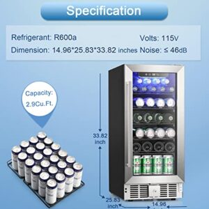 Antarctic Star 15 Inch Beverage Refrigerator Cooler - 2.9 Cu.Ft Wine or Champagne Cooler Low Noise Transparent Glass Door LED Light for Home and Bar 115V 60Hz Electronic Temperature Control