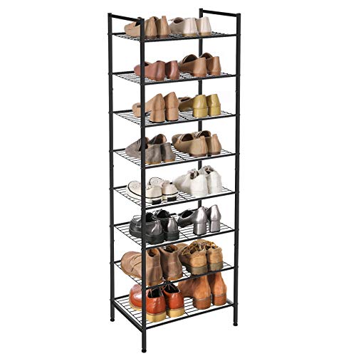 SONGMICS Shoe Rack 8 Tier Tall Shoe Storage Organizer, Sturdy Metal Narrow Shoe Rack Shelf for Closet Entry Small Space, Slim Shoe Stand Holder for 16-24 Pairs, Stackable Vertical Shoe Tower, Black