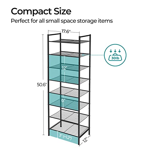 SONGMICS Shoe Rack 8 Tier Tall Shoe Storage Organizer, Sturdy Metal Narrow Shoe Rack Shelf for Closet Entry Small Space, Slim Shoe Stand Holder for 16-24 Pairs, Stackable Vertical Shoe Tower, Black