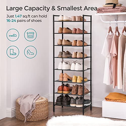 SONGMICS Shoe Rack 8 Tier Tall Shoe Storage Organizer, Sturdy Metal Narrow Shoe Rack Shelf for Closet Entry Small Space, Slim Shoe Stand Holder for 16-24 Pairs, Stackable Vertical Shoe Tower, Black