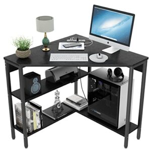auromie corner desk with outlets & usb ports, 90 degree triangle corner table with cpu stand & storage shelves for small space, computer table with charging station for home office bedroom (black)