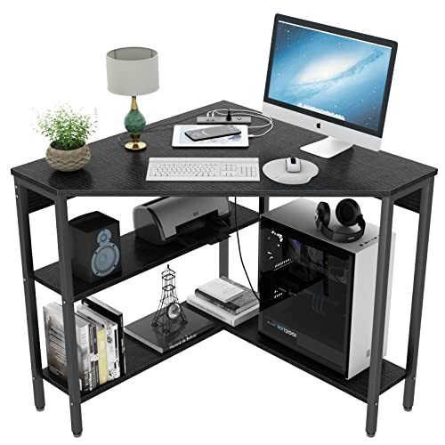 Auromie Corner Desk with Outlets & USB Ports, 90 Degree Triangle Corner Table with CPU Stand & Storage Shelves for Small Space, Computer Table with Charging Station for Home Office Bedroom (Black)