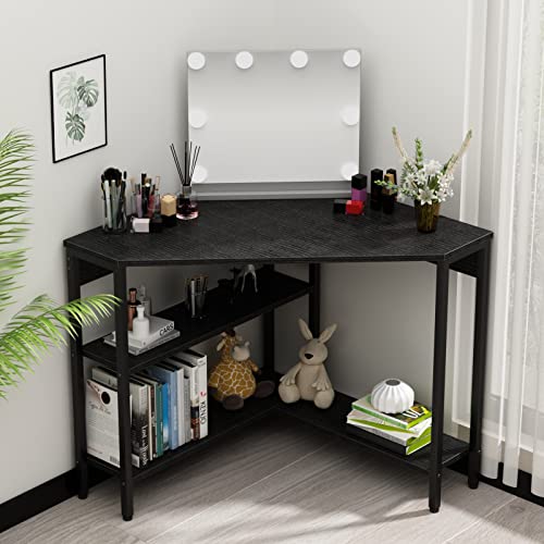 Auromie Corner Desk with Outlets & USB Ports, 90 Degree Triangle Corner Table with CPU Stand & Storage Shelves for Small Space, Computer Table with Charging Station for Home Office Bedroom (Black)