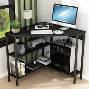 Auromie Corner Desk with Outlets & USB Ports, 90 Degree Triangle Corner Table with CPU Stand & Storage Shelves for Small Space, Computer Table with Charging Station for Home Office Bedroom (Black)