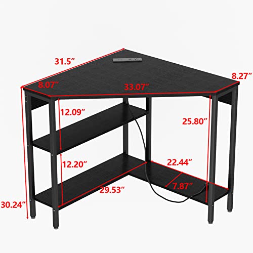 Auromie Corner Desk with Outlets & USB Ports, 90 Degree Triangle Corner Table with CPU Stand & Storage Shelves for Small Space, Computer Table with Charging Station for Home Office Bedroom (Black)