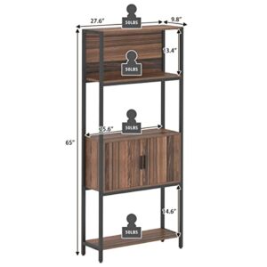 CharaVector 5-Tier Bookshelf with Doors,Tall Bookshelf with Cabinet, Rustic Wood Bookshelf for Bedroom, Industrial Bookcase for Living Room, Home Office, Walnut Brown