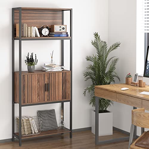 CharaVector 5-Tier Bookshelf with Doors,Tall Bookshelf with Cabinet, Rustic Wood Bookshelf for Bedroom, Industrial Bookcase for Living Room, Home Office, Walnut Brown