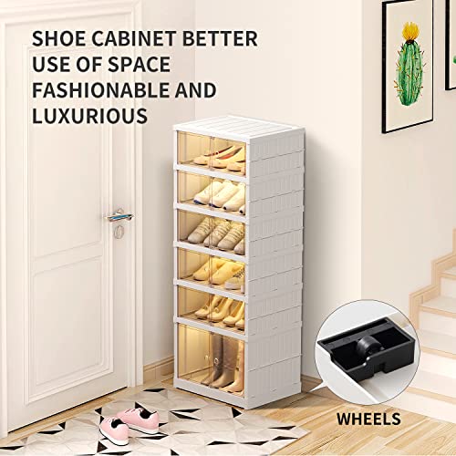 CIMLORD 6-Tier Foldable Shoe Rack Organizer for Closet 6-12Pairs Plastic Collapsible Shoes Storage Box Clear Shoe Boxes Stackable with Door Easy Assembly Shoe Cabinet Bins with Lids Large