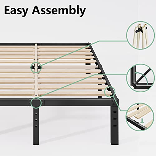 Breezehome Queen Size Bed Frame with Wide Wood Slats / 14 Inch High Heavy Duty Metal Mattress Foundation/Noise-Free Platform/No Box Spring Needed/Easy Assembly