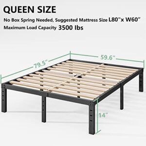 Breezehome Queen Size Bed Frame with Wide Wood Slats / 14 Inch High Heavy Duty Metal Mattress Foundation/Noise-Free Platform/No Box Spring Needed/Easy Assembly