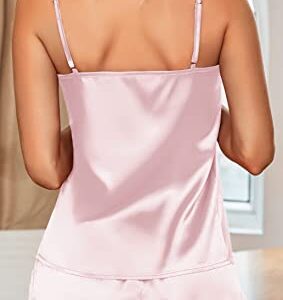 Silk Pajamas Set Women Satin Camisole Sleepwear Lingerie 2 Piece Pjs Cami Top and Shorts Sleepwear Pink S