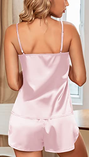 Silk Pajamas Set Women Satin Camisole Sleepwear Lingerie 2 Piece Pjs Cami Top and Shorts Sleepwear Pink S